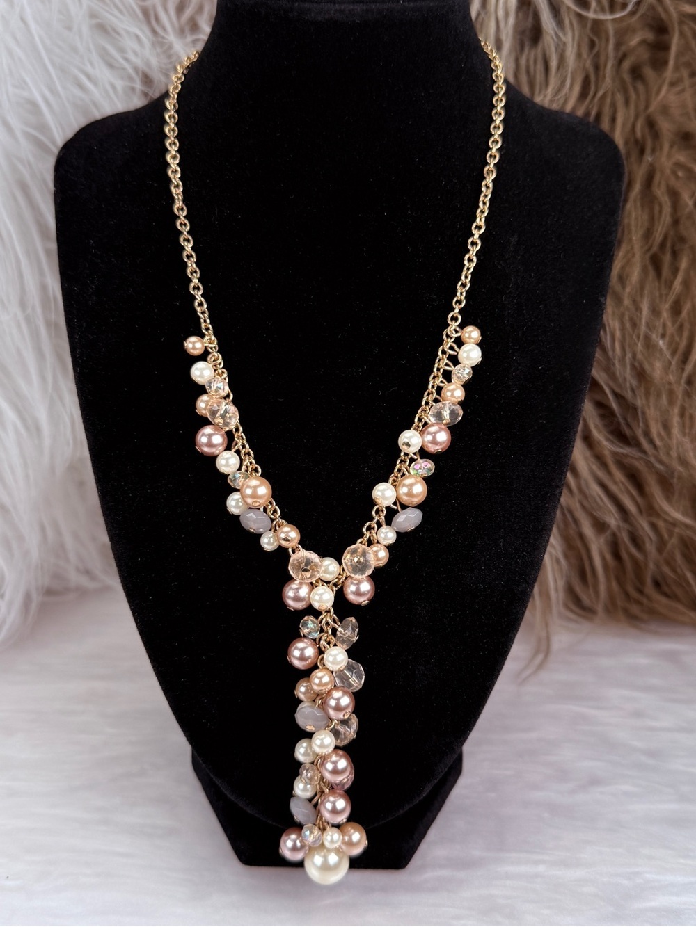 Vintage Goldtone Faux Pearl Crystal Beaded Y Necklace Statement Necklace